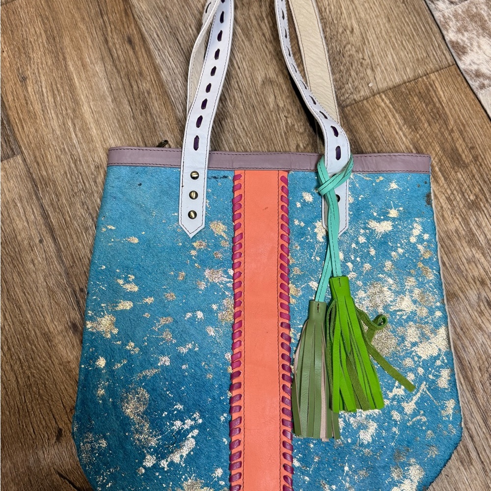 Genuine dyed cowhide Colorful Teal leather Tote Bag with Tassel Accent